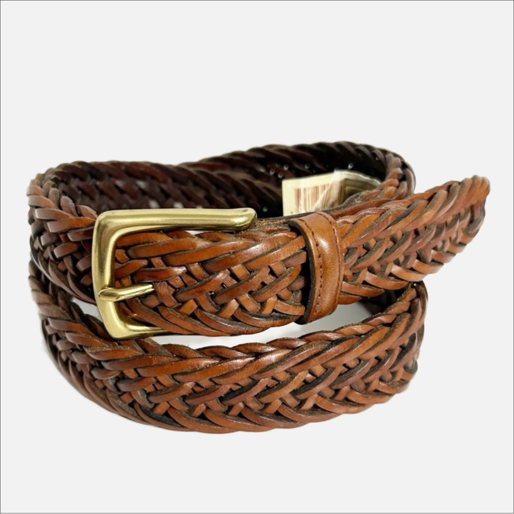 Trafalgar Braided Leather Belt with Rectangular Brass Belt Buckle Brown 🟫